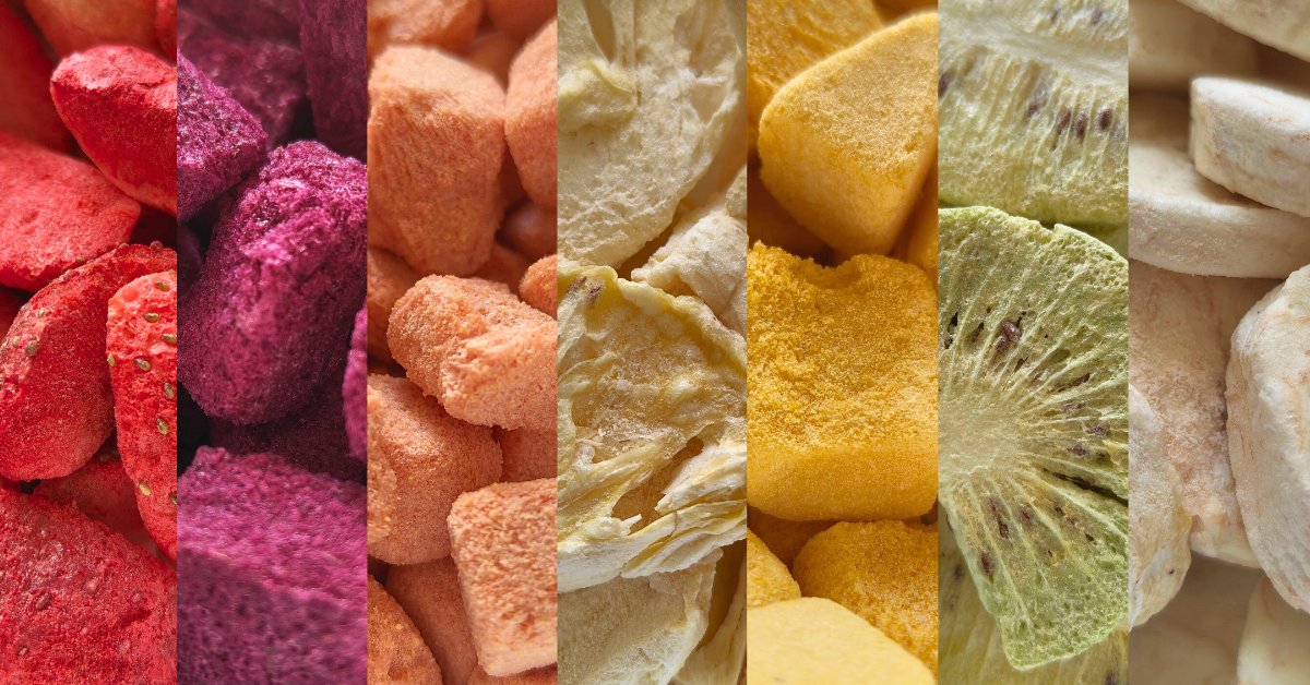 A collage of various freeze-dried fruits including strawberries, peaches, bananas, pineapples, and kiwis, showcased in vibrant close-up sections.