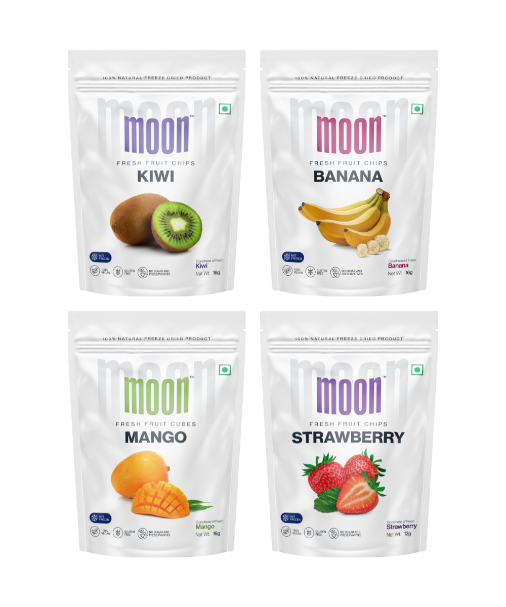 Four packages of "Moon Freeze Assorted Healthy Chips for Kids" brand freeze-dried fruit chips in kiwi, banana, mango, and strawberry flavors are a healthy snack for kids.