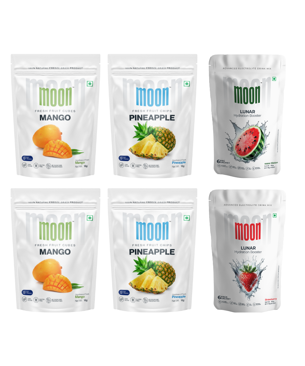 Packaging variety of Moon Freeze Moonlight Festival Packs - Summer Edition including mango, pineapple, and lulo flavors for the summer festival.