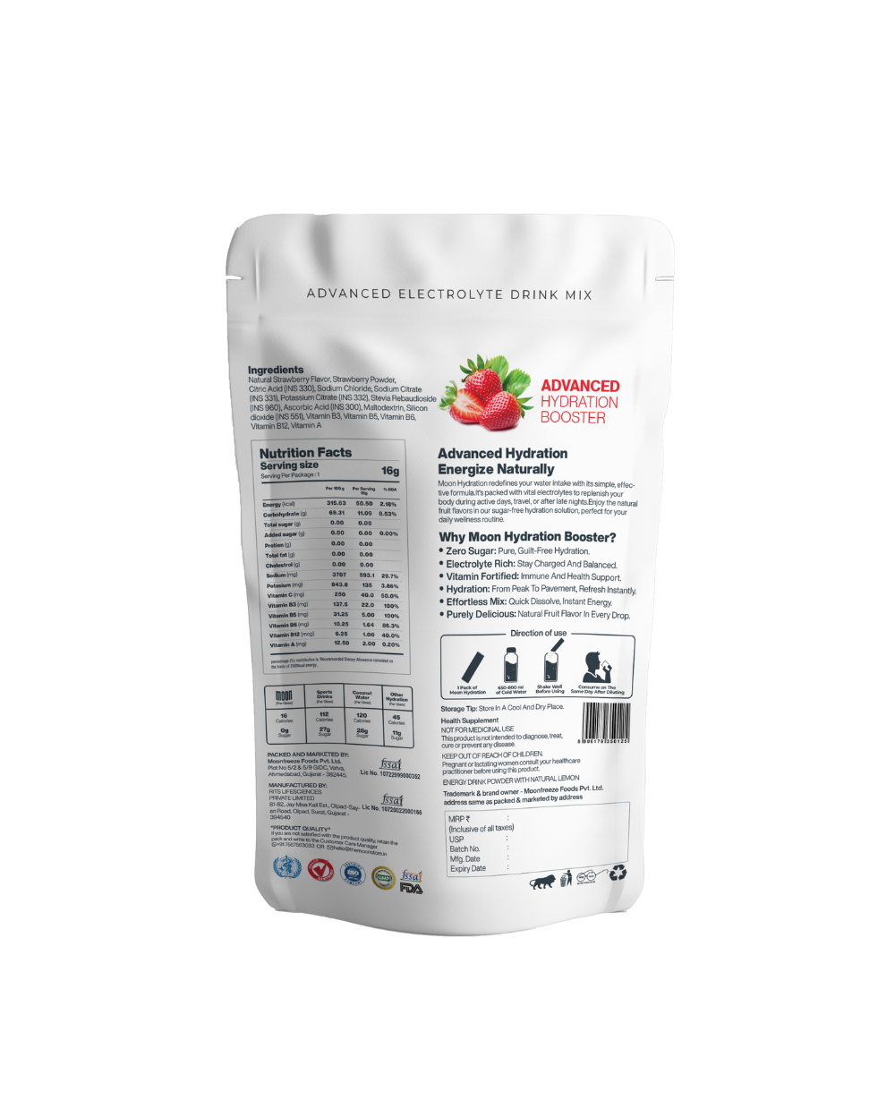 Pouch of Moon Strawberry Lunar Hydration Booster electrolyte drink mix with hydration booster benefits listed and nutritional information displayed.