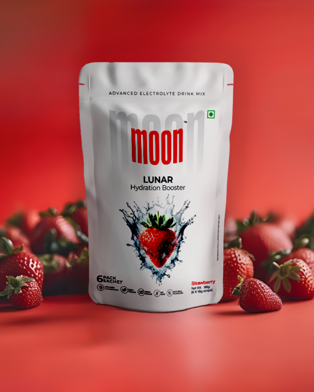 Product display of a MOONFREEZE FOODS PRIVATE LIMITED Moon Lunar Strawberry + Lychee Hydration Booster drink mix with a strawberry lychee flavor, surrounded by strawberries on a red background.