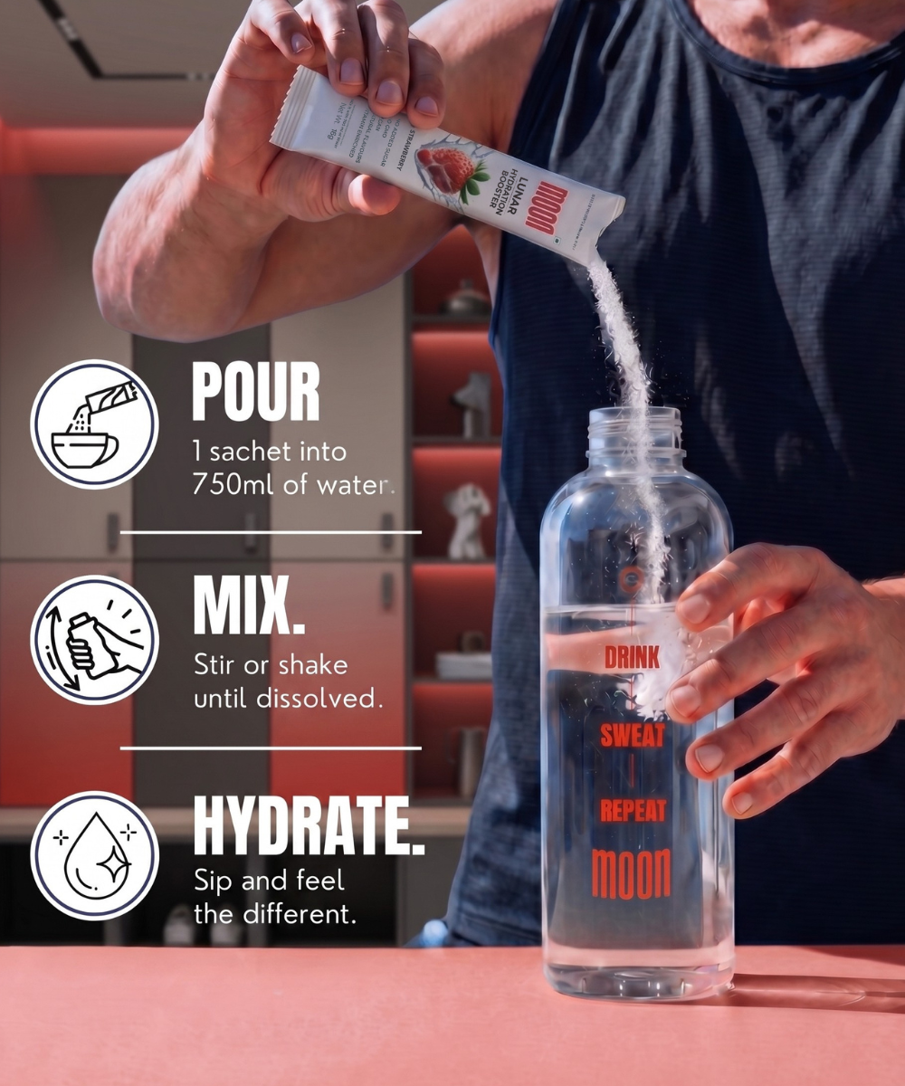 A person pours Lunar Hydration Booster - Strawberry Flavour by MOONFREEZE FOODS PRIVATE LIMITED from a sachet into water. Icons show: pour, mix, hydrate—making each sip a potent hydration boost.