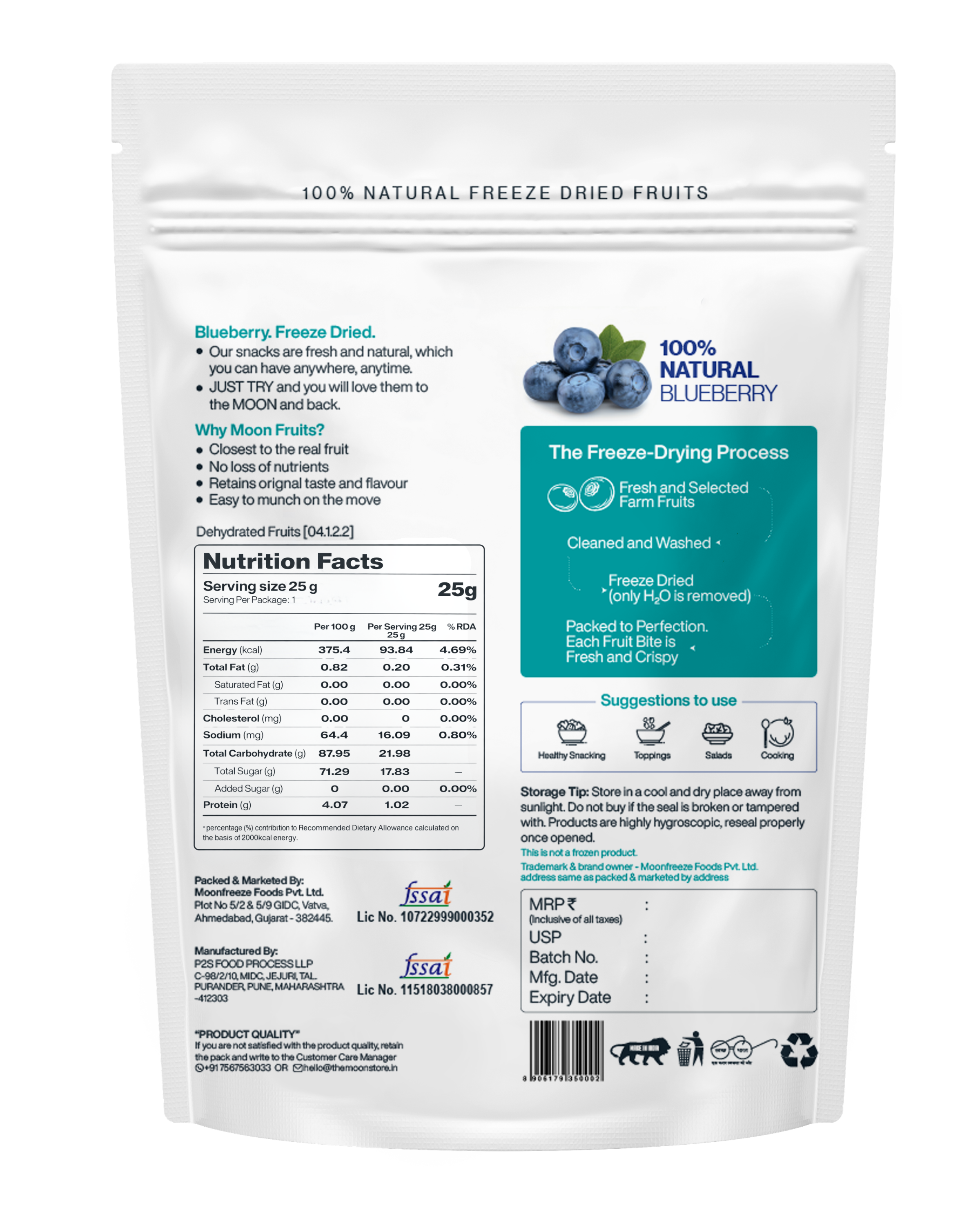 Back of a Moon Freeze Dried Blueberry pack by Themoonstoreindia, showing nutrition facts, details on the freeze-drying process, product info, and certification logos; made from 100% natural, antioxidant rich blueberries.