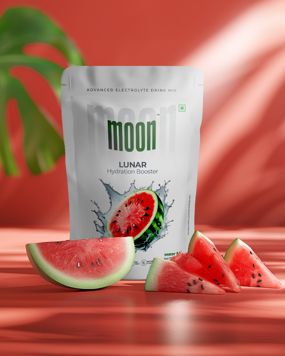 Packaging of MOON Lunar Watermelon + Lemon Hydration Booster drink mix with watermelon slices on a table.