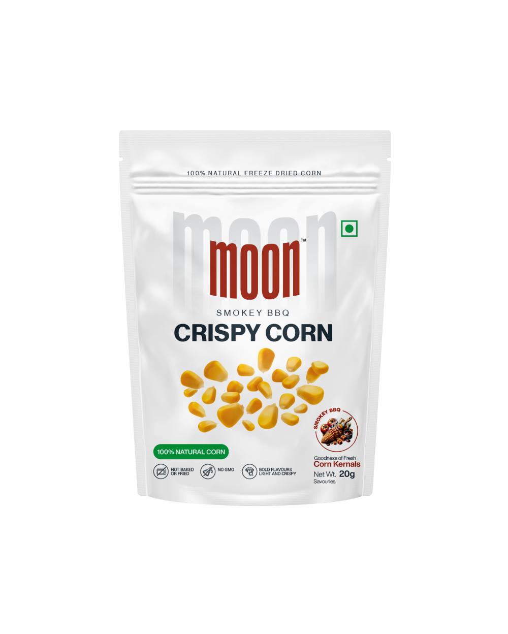 A bag of Freeze Dried Crispy Corn Smokey BBQ chips from MOONFREEZE FOODS PRIVATE LIMITED on a white background.