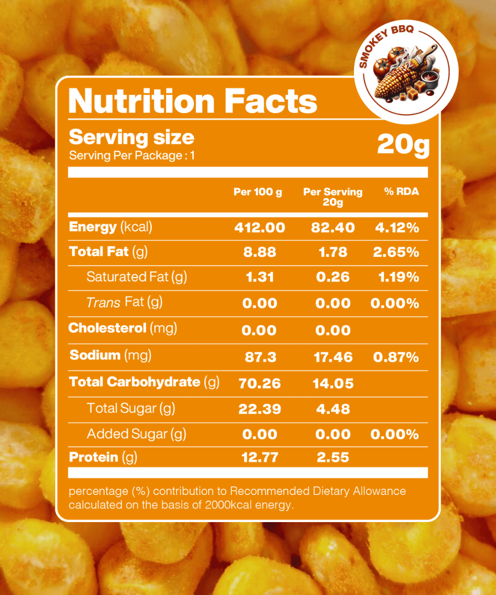 Freeze-Dried Crispy Corn Smokey BBQ – High in fiber, gluten-free, plant-based, no GMO, light, and crunchy snack.