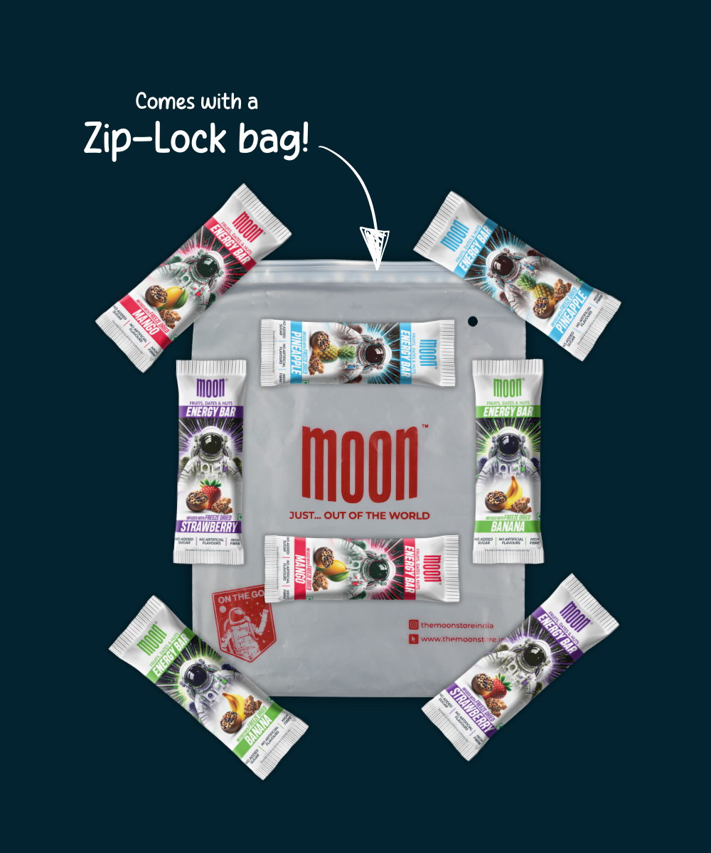 The MOONFREEZE FOODS PRIVATE LIMITED's MOON Energy Bar - Variety Pack showcases an assortment of real fruit flavors, elegantly presented in a sleek gray zip-lock bag labeled "moon," with the tagline "Just... out of the world." Some bars even feature freeze-dried pineapples, offering an extra burst of celestial flavor.