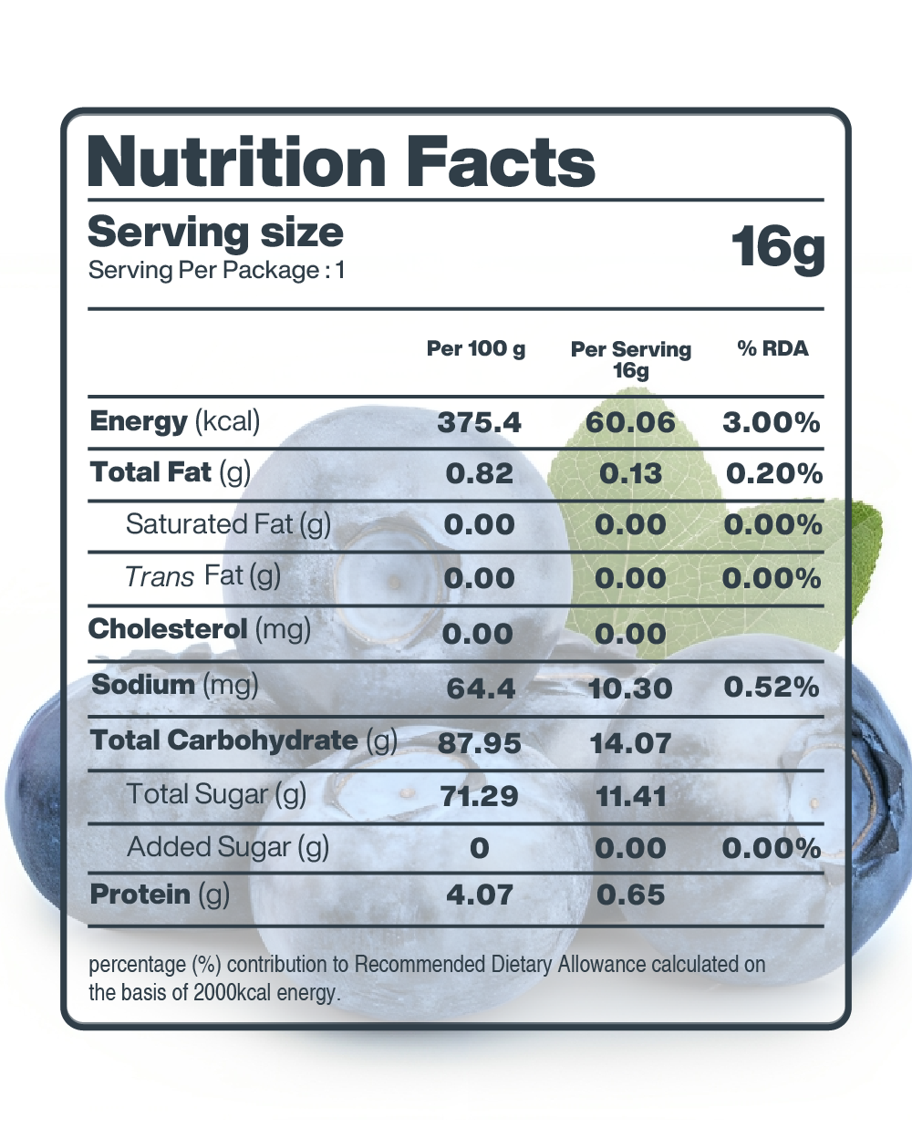 Nutritional facts label for Freeze-Dried Blueberry Bites, displaying energy, fats, carbohydrates, sugars, and protein content per 16g serving size.