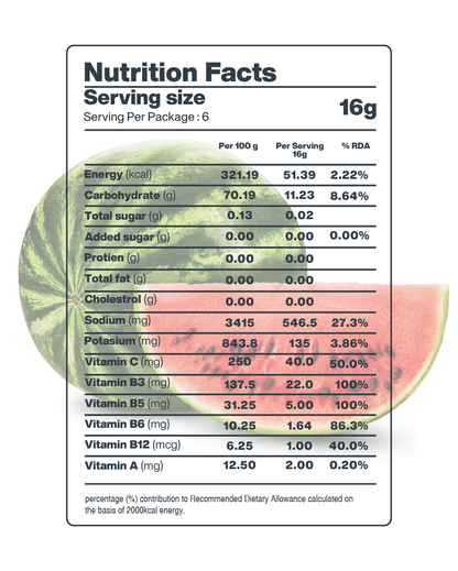 Nutrition facts label for Moon Lunar Watermelon Hydration Stick Pack of 2 by MOONFREEZE FOODS PRIVATE LIMITED, the hydration booster. Showing per 100g and per serving (16g) data, it lists energy, macronutrients, vitamins, and minerals. This electrolyte-rich fruit includes percentage of recommended dietary allowance (RDA).
