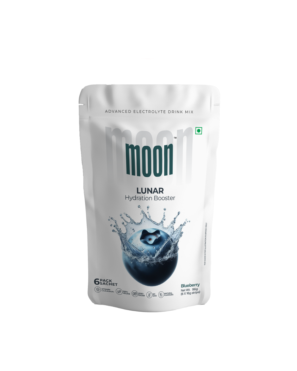 Product description: A pouch of Moon Blueberry Lunar Hydration Booster powder on a white background.