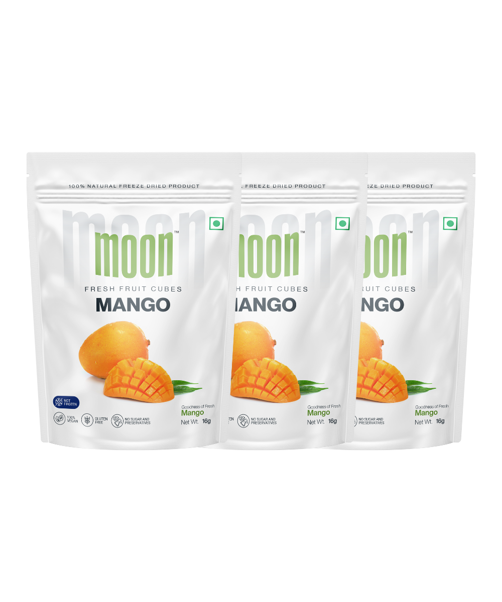 Three packages of Moon Freeze Dried Mango Cubes - Pack of 3 by MOONFREEZE FOODS PRIVATE LIMITED.