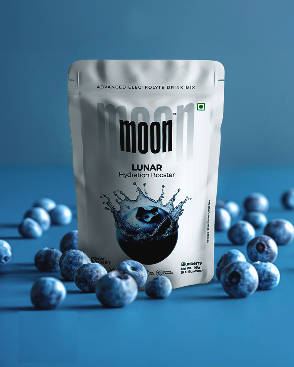 A pouch of Moon Lunar Green Apple + Blueberry Hydration Booster by MOONFREEZE FOODS PRIVATE LIMITED, with a blueberry flavor, surrounded by blueberries on a matching blue backdrop.