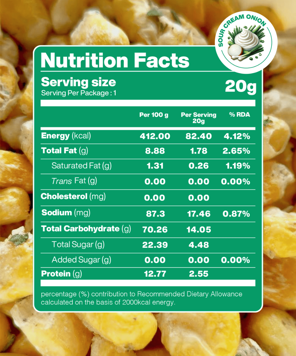 Freeze-Dried Crispy Corn with Sour Cream & Onion flavor - Nutritious, crunchy snack low in fat and calories.