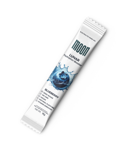 A single Moon Lunar Hydration Stick blueberry-flavored nutrition bar with MOONFREEZE FOODS PRIVATE LIMITED branding and added electrolytes, isolated on a white background.