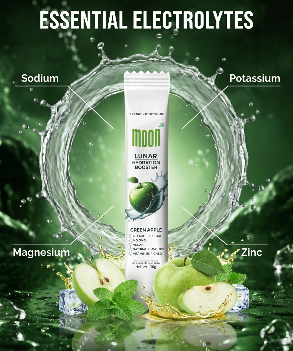 A packet of MOONFREEZE FOODS PRIVATE LIMITED Lunar Hydration Booster - Green Apple Flavour is shown with splashing water and highlights of sodium, potassium, magnesium, and zinc electrolytes on a vibrant green background.