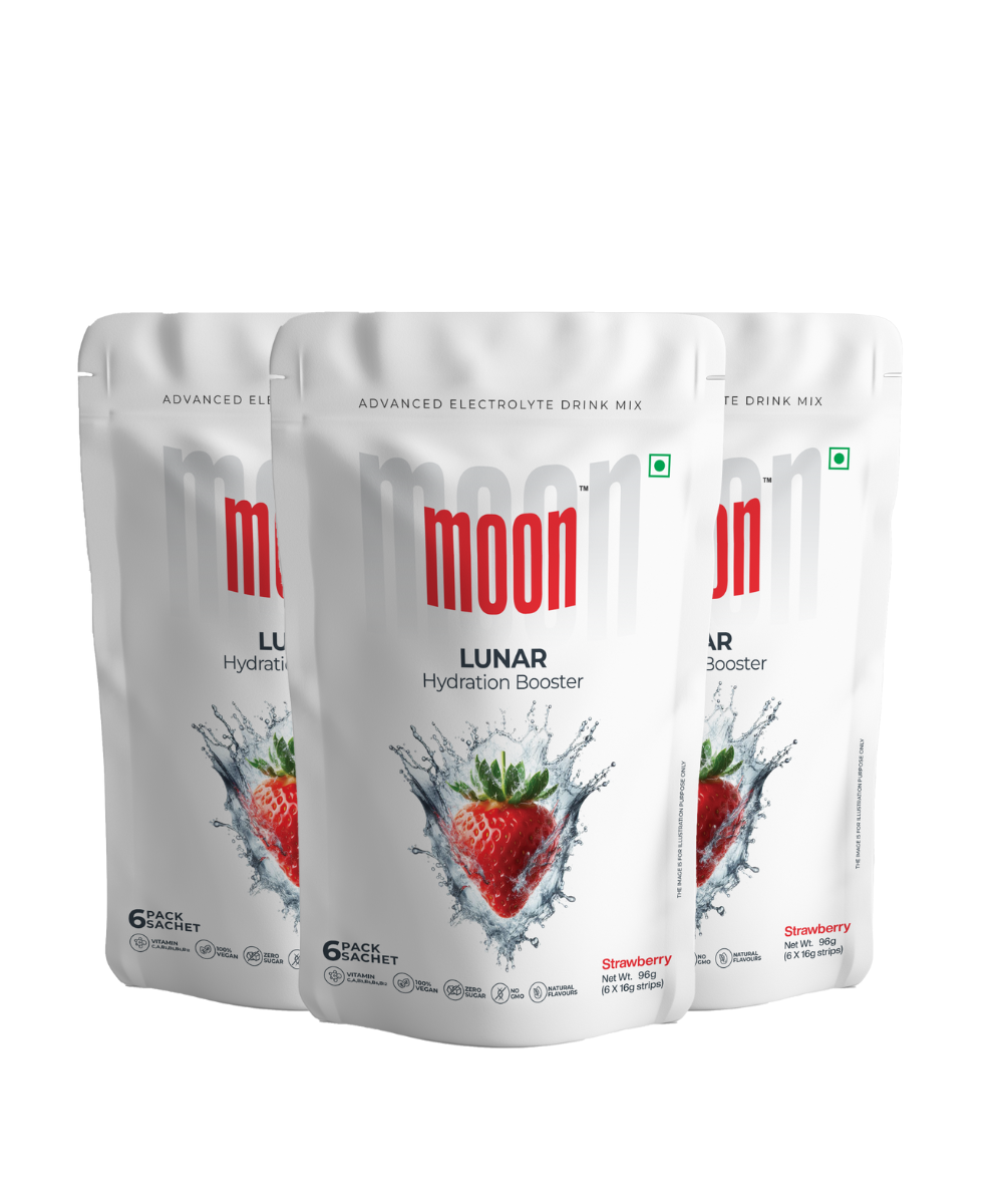 Three pouches of Moon Strawberry Lunar Hydration Booster electrolyte drink mix with strawberry flavor. - Pack of 3 from MOONFREEZE FOODS PRIVATE LIMITED.