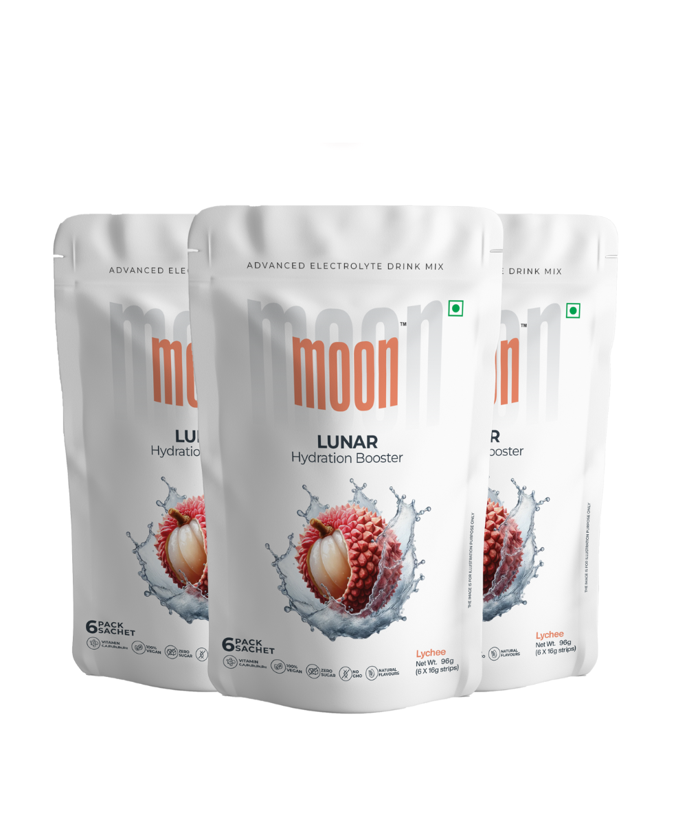 Three pouches of MOONFREEZE FOODS PRIVATE LIMITED's Moon Lychee Lunar Hydration Booster - Pack of 3, an advanced electrolyte drink mix, with a lychee flavor.