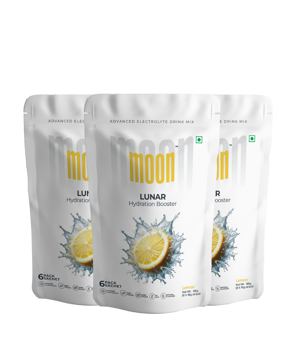 Three pouches of Moon Lemon Lunar Hydration Booster, an advanced electrolyte drink mix with lemon flavor by MOONFREEZE FOODS PRIVATE LIMITED.