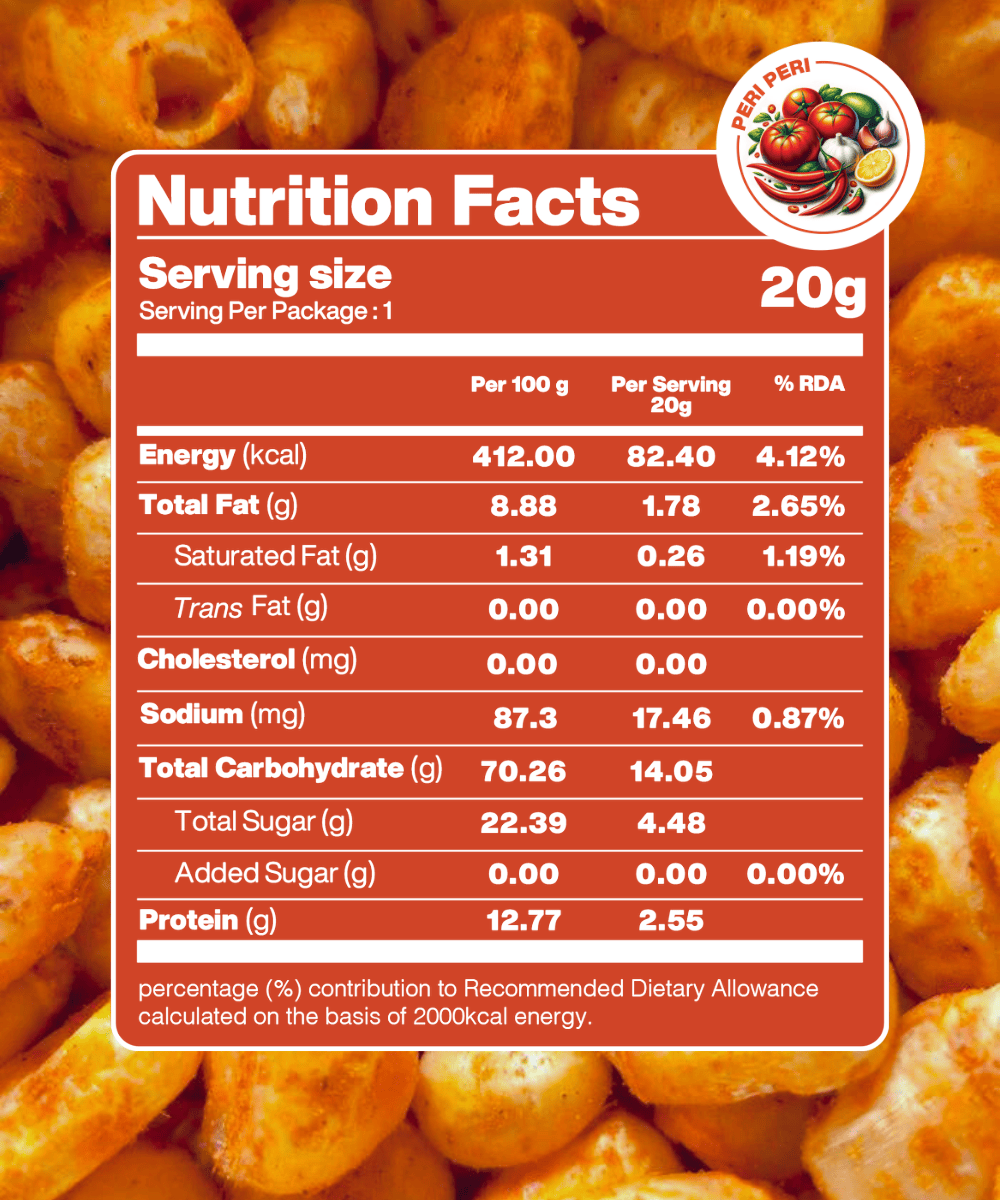 Freeze-Dried Crispy Corn Peri Peri – Nutrition Facts: Low-calorie, high-fiber, gluten-free, with essential vitamins and minerals.