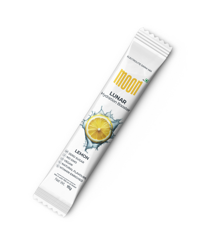 Single lemon-flavored electrolyte gel packet labeled "Moon Lunar Hydration Stick" by MOONFREEZE FOODS PRIVATE LIMITED in delicious flavors, lying on a white background.