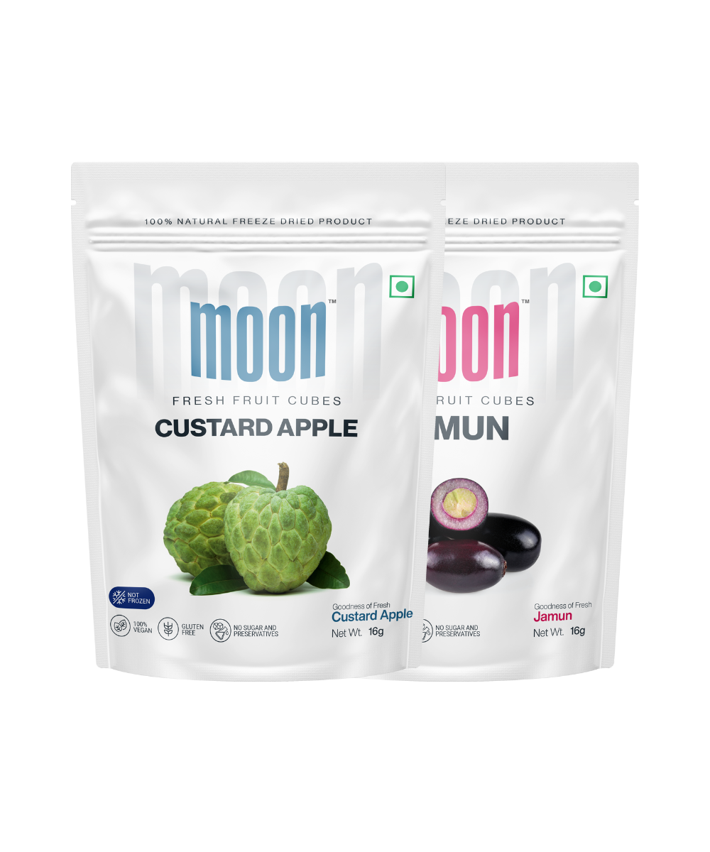 Two durable packages of MOONFREEZE FOODS PRIVATE LIMITED Moon Freeze Dried Custard Apple + Jamun Cubes.