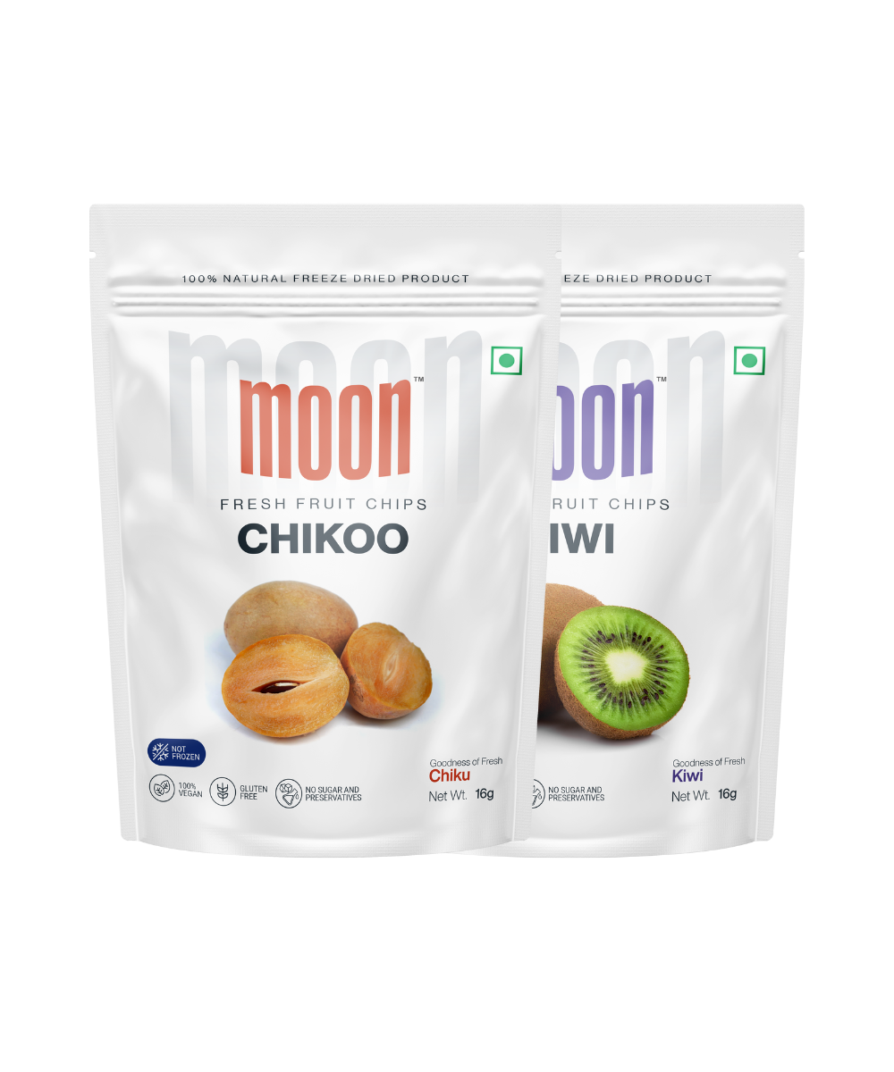 Two packages of MOONFREEZE FOODS PRIVATE LIMITED Moon Freeze Dried Chikoo + Kiwi fruit chips.