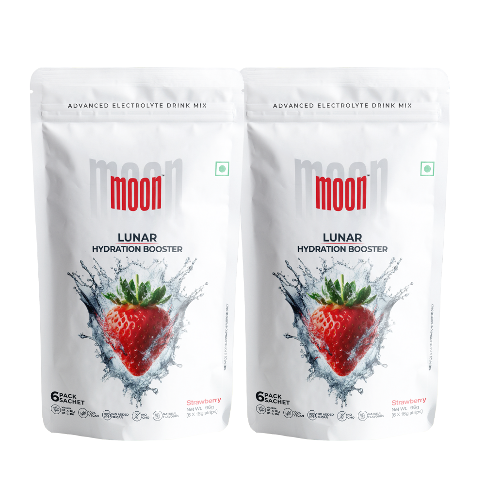 Two bags of Moon Strawberry Lunar Hydration Booster Pack of 2 with a strawberry design, labelled as a Strawberry Hydration Booster.