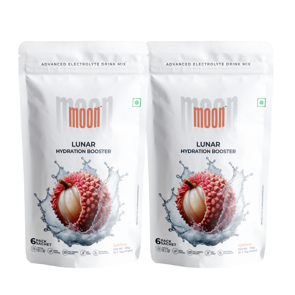 Two identical packages of Moon Lychee Lunar Hydration Booster Pack of 2 featuring an image of a lychee in a splash of water from MOONFREEZE FOODS PRIVATE LIMITED.