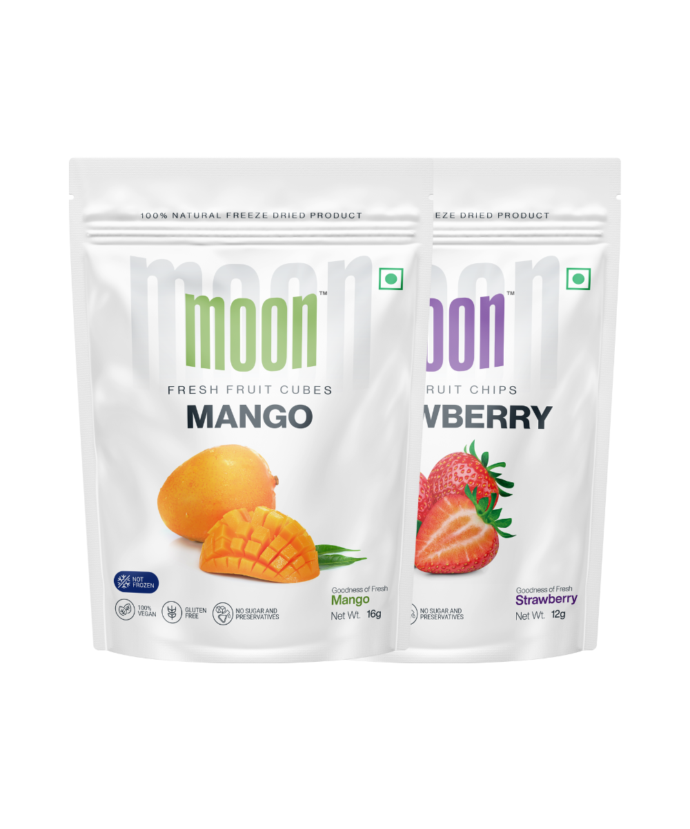Two packages of MOONFREEZE FOODS PRIVATE LIMITED Moon Freeze Dried Mango + Strawberry products, one with mango cubes and the other with strawberry chips.