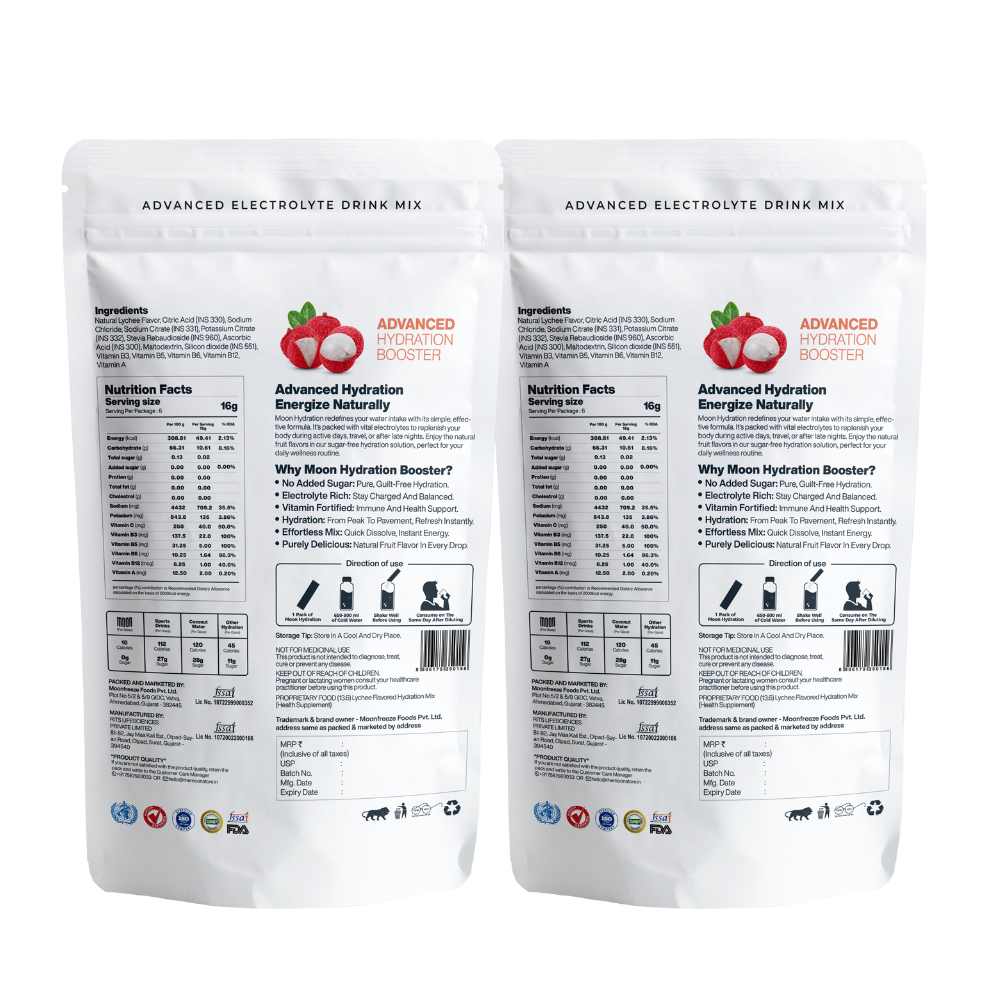 Two bags of Moon Lychee Lunar Hydration Booster Pack of 2 with detailed nutritional information and branding visible on the back by MOONFREEZE FOODS PRIVATE LIMITED.