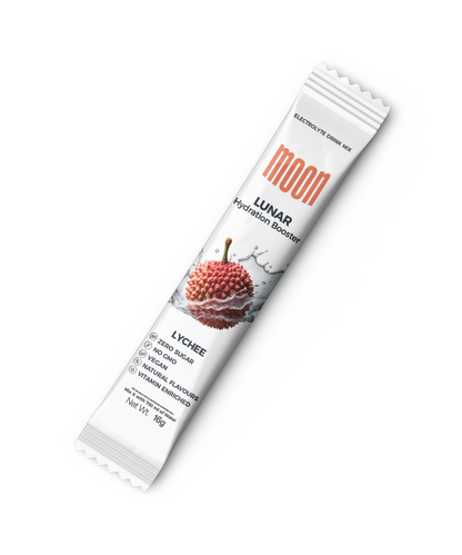 A package of Moon Lunar Hydration Stick with electrolytes in lychee flavor, displayed on a white background.