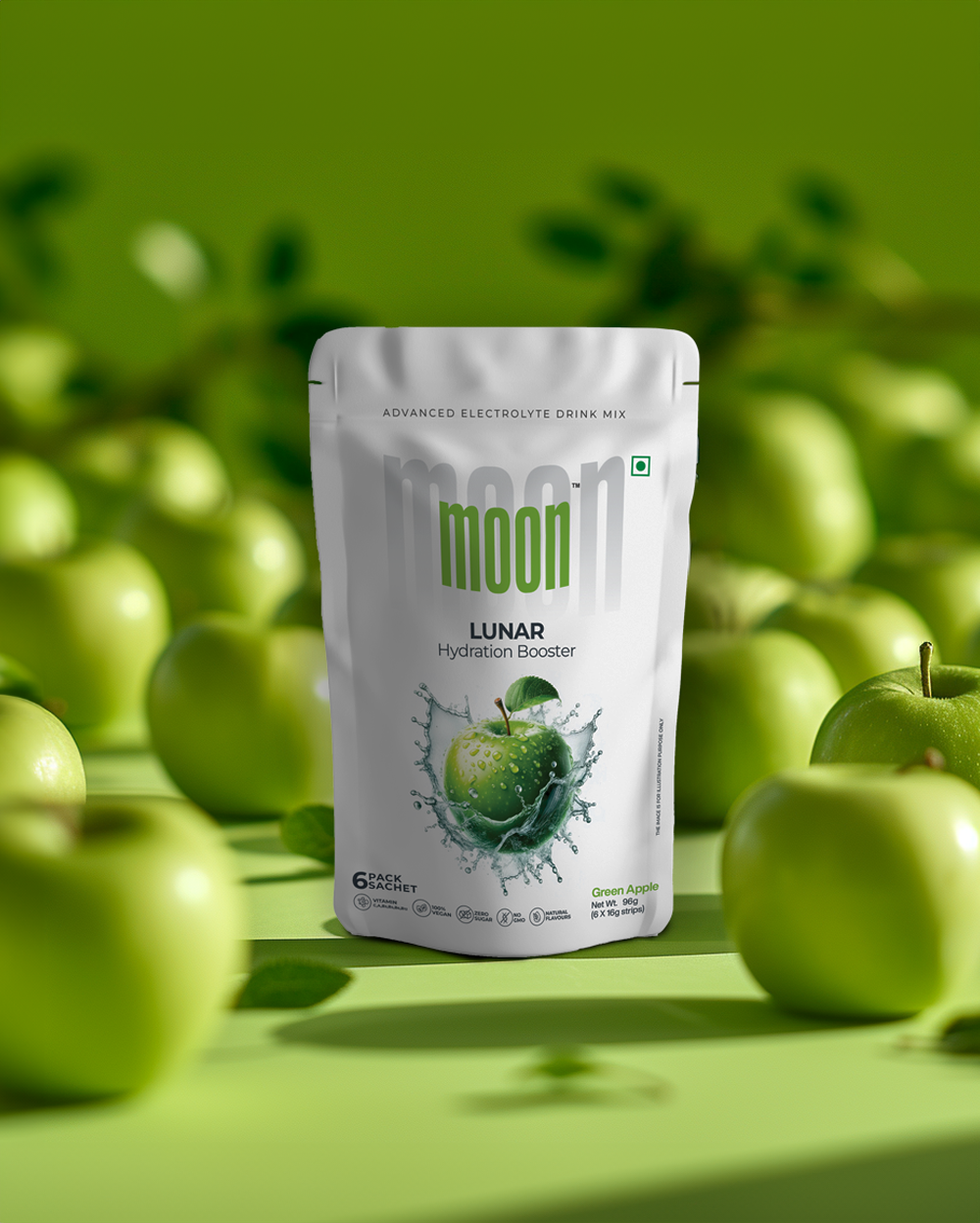 A pouch of MOONFREEZE FOODS PRIVATE LIMITED's Moon Lunar Green Apple + Blueberry Hydration Booster surrounded by green apples on a matching green background.