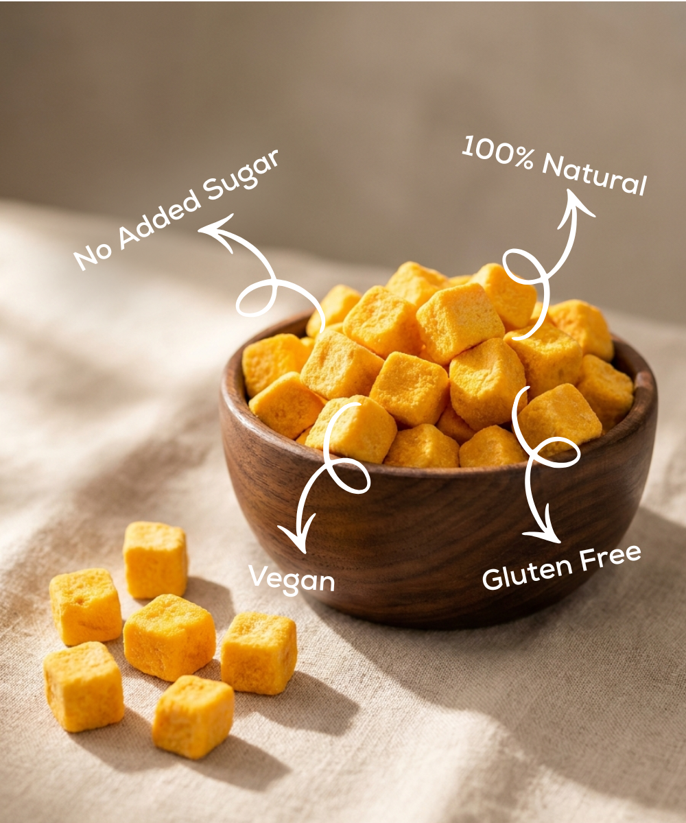 A wooden bowl with Moon Freeze Dried Mango Cubes by Themoonstoreindia—yellow, healthy, 100% natural mango snacks—rests on a beige cloth. Labeled no added sugar, vegan, and gluten free.