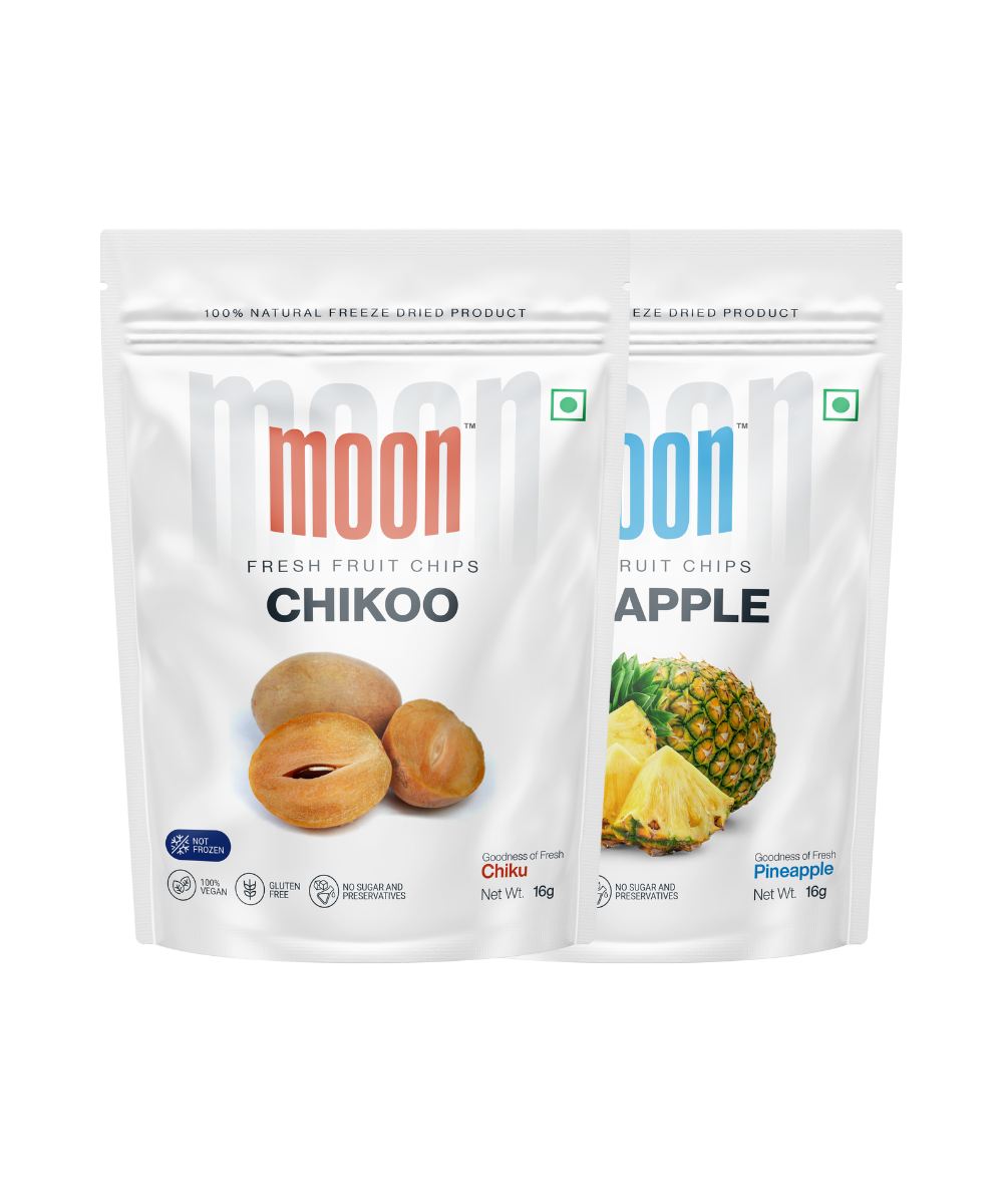 Two packages of MOONFREEZE FOODS PRIVATE LIMITED moon brand freeze-dried fresh fruit chips, featuring durable chikoo and pineapple flavors.