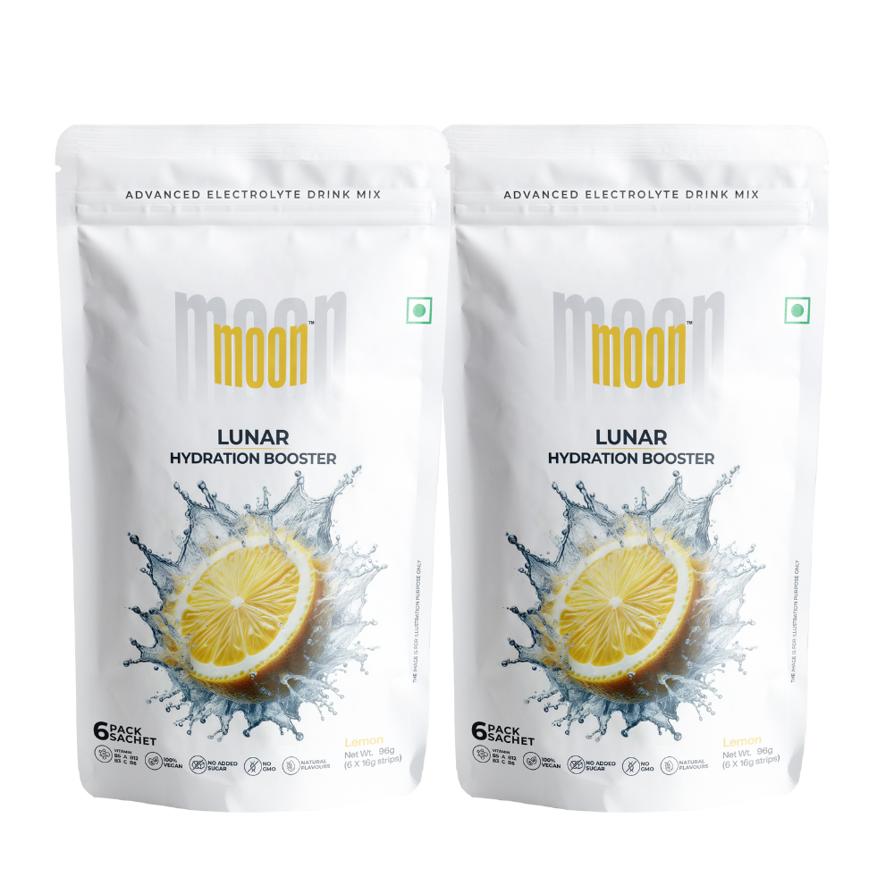 Two pouches of MOON Lemon Lunar Hydration Booster Pack of 2 electrolyte drink mix with a lemon splash design, now vitamin-infused.