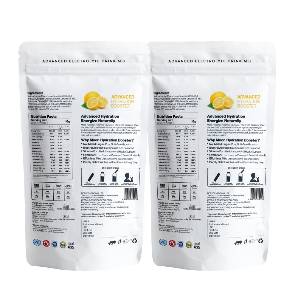 Two bags of Moon Lemon Lunar Hydration Booster Pack of 2, showing front and back labels with nutritional information and product details.