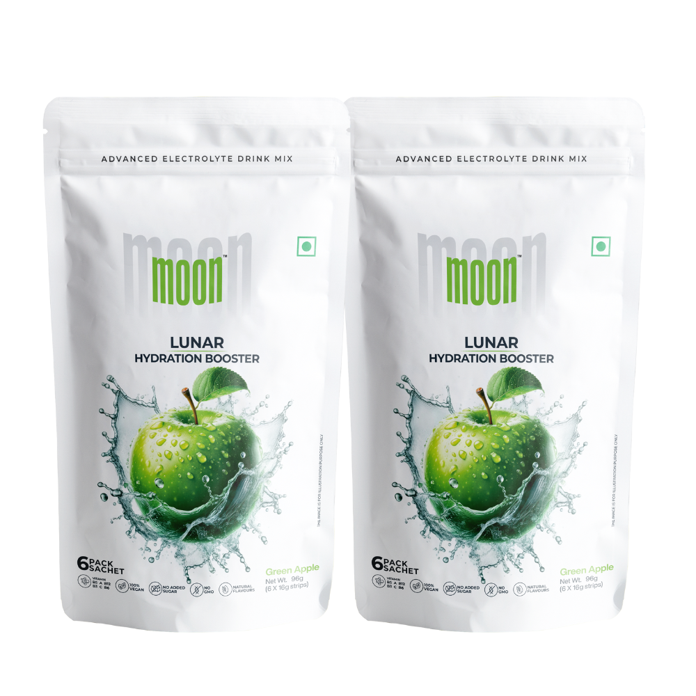 Two packages of Moon Green Apple Lunar Hydration Booster Pack of 2, depicting a vibrant green apple surrounded by a splash of water.