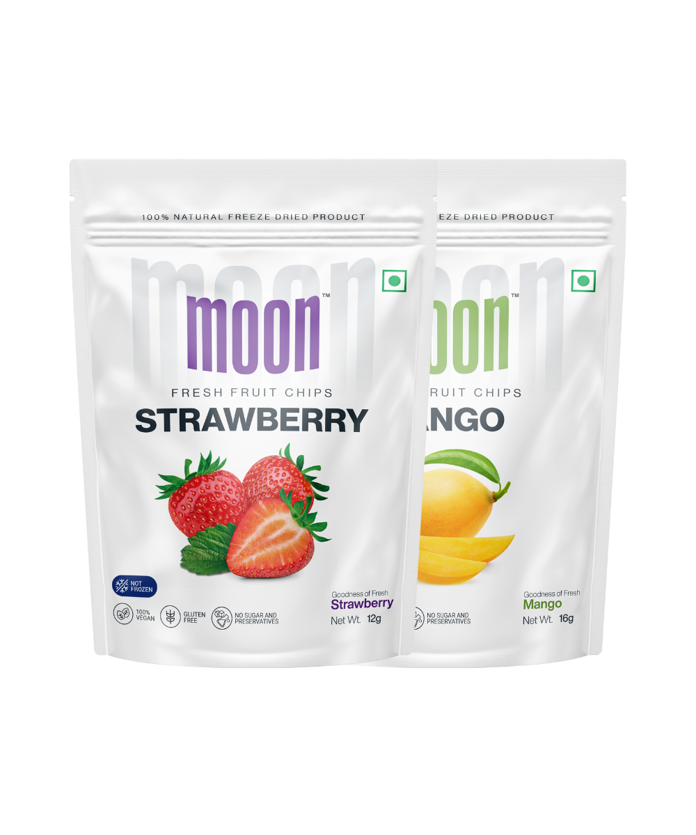 Two packets of Moon Freeze-Dried Strawberry + Mango for the health-conscious by MOONFREEZE FOODS PRIVATE LIMITED.