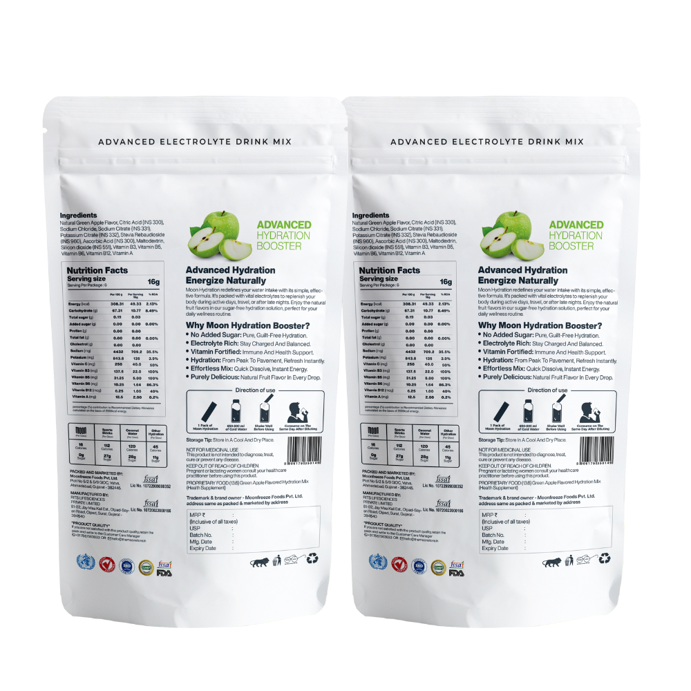 Two packages of Moon Green Apple Lunar Hydration Booster Pack of 2, displaying the front and back with nutritional information and a green apple graphic by MOONFREEZE FOODS PRIVATE LIMITED.