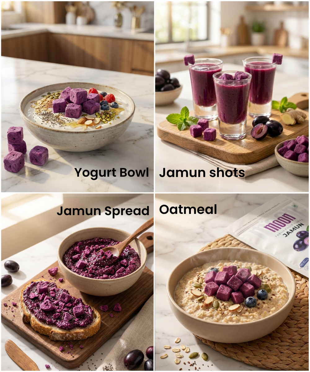 A collage displays a yogurt bowl, jamun shots, jamun spread on toast, and oatmeal—each topped with Themoonstoreindia Moon Freeze Dried Jamun Cubes for a tasty gluten-free snack and a natural way to curb sugar cravings.