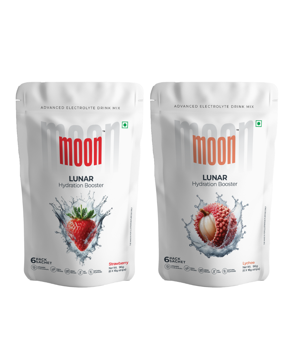Two pouches of Moon Lunar Strawberry + Lychee Hydration Booster, enriched with anti-aging serum for skincare, against a white background.