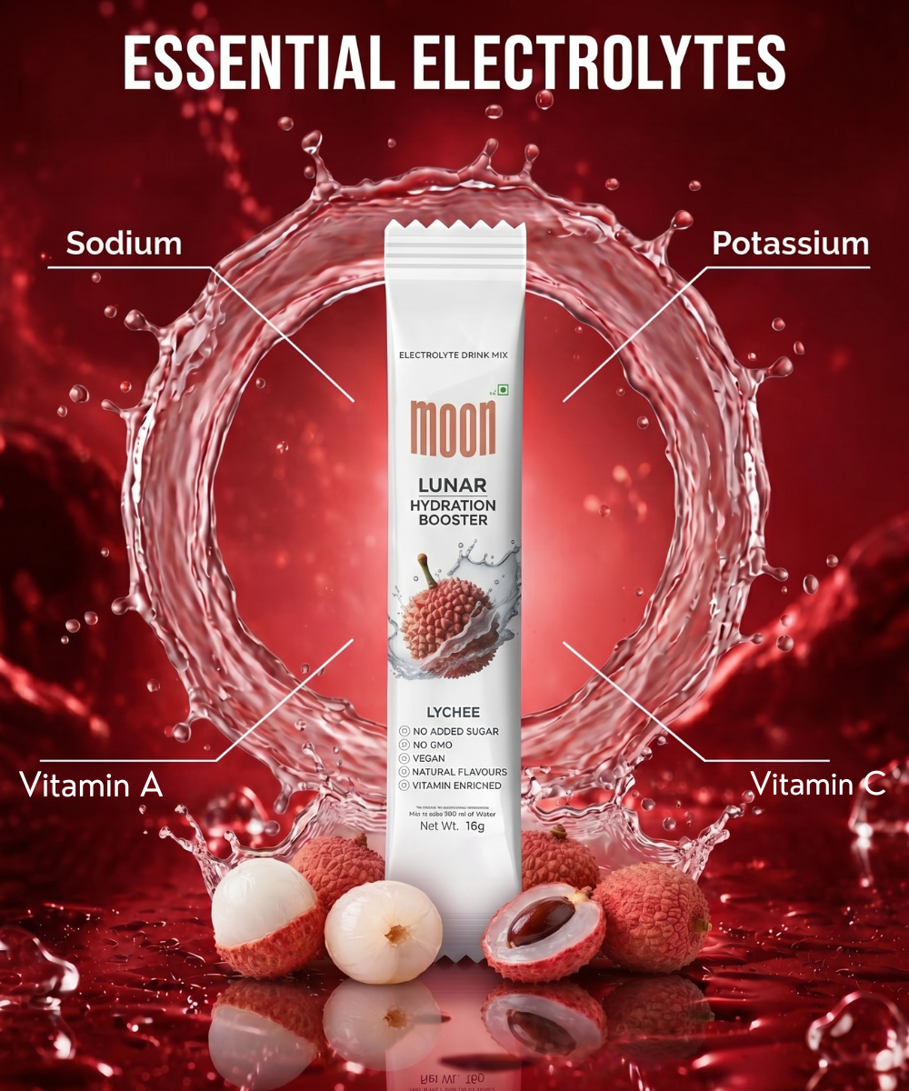 The MOONFREEZE FOODS PRIVATE LIMITED Lunar Hydration Booster - Lychee Flavour stick is shown with lychee and a water splash, featuring key electrolytes: sodium, potassium, vitamin A, and C—ideal for hydration and energy.