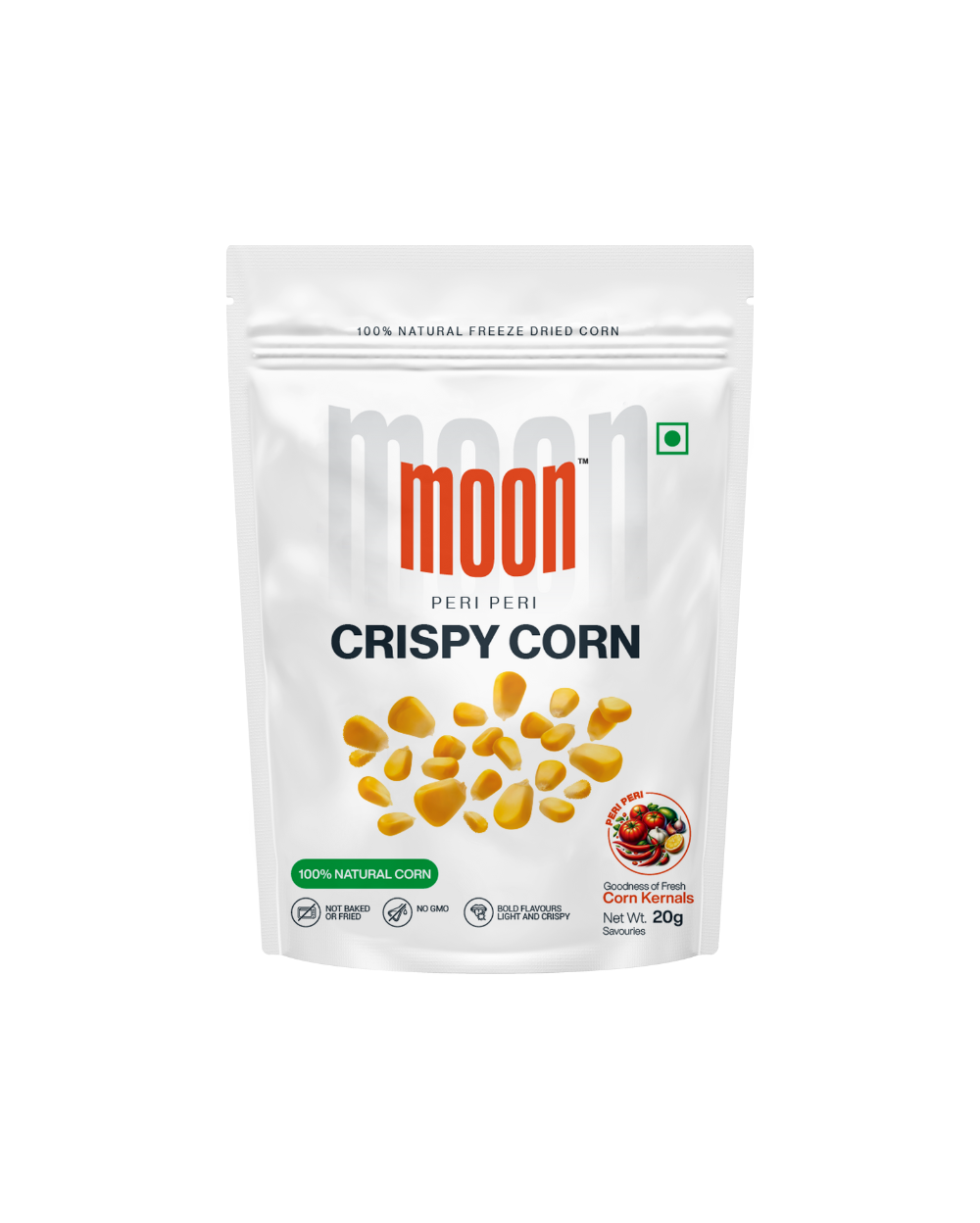 A bag of Freeze Dried Crispy Corn Peri Peri, known for its crunchy texture and low calorie content, presented on a white background.