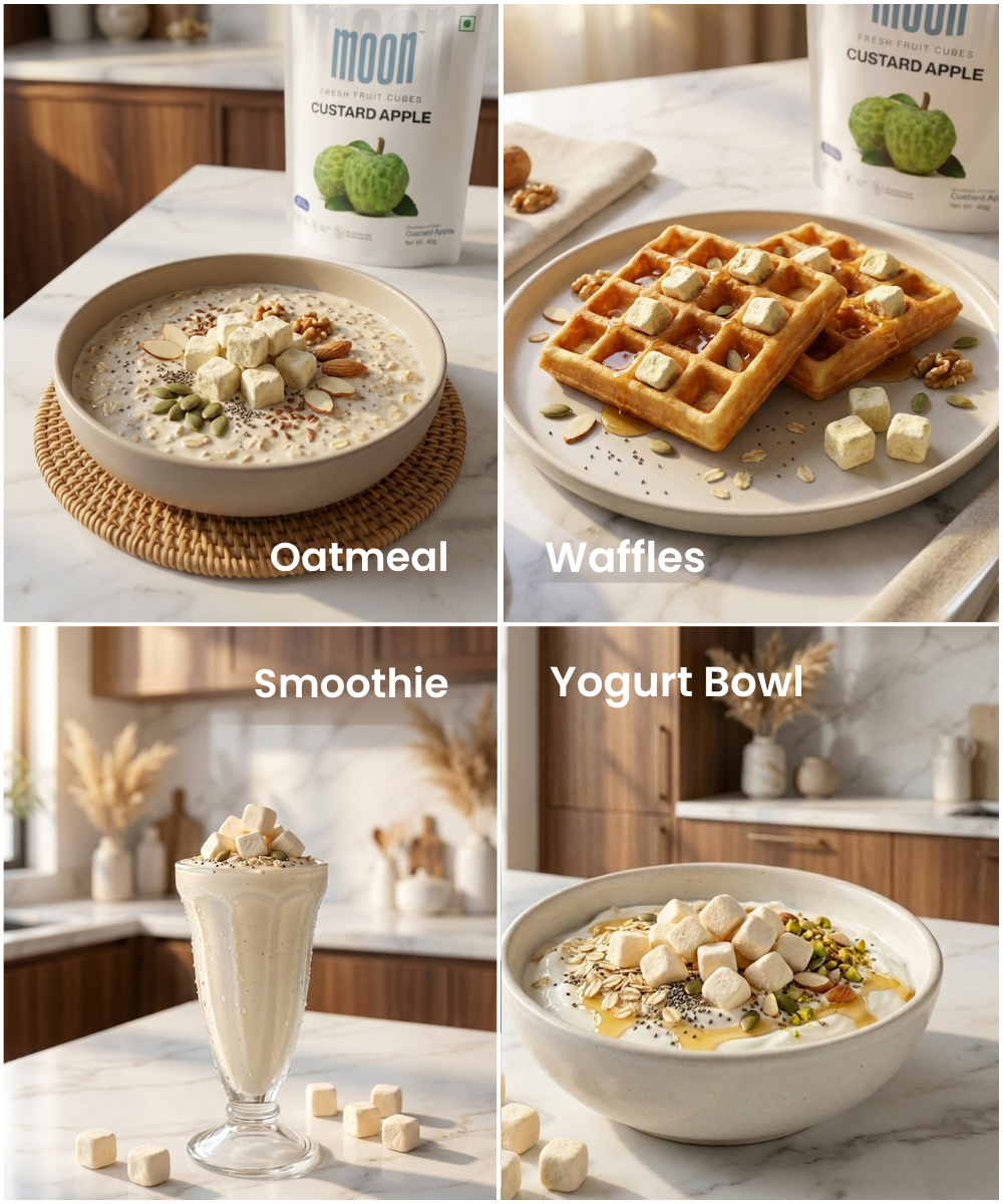 Four images show Themoonstoreindiaβs Moon Freeze Dried Custard Apple Cubes in oatmeal, waffles, a smoothie, and a yogurt bowl, each dish labeled on a kitchen countertop.