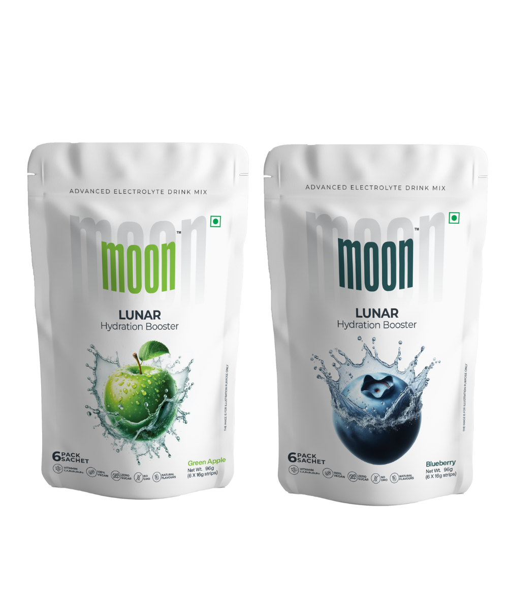 Two pouches of MOONFREEZE FOODS PRIVATE LIMITED Moon Lunar Green Apple + Blueberry Hydration Booster.