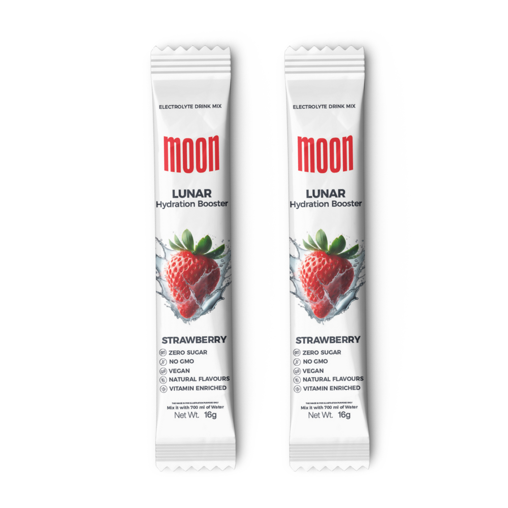 Two Moon Lunar Strawberry Hydration Stick Pack of 2 packets from MOONFREEZE FOODS PRIVATE LIMITED, displayed side by side. Each packet is labeled zero sugar, non-GMO, vegan, natural flavors, and vitamin-enriched.