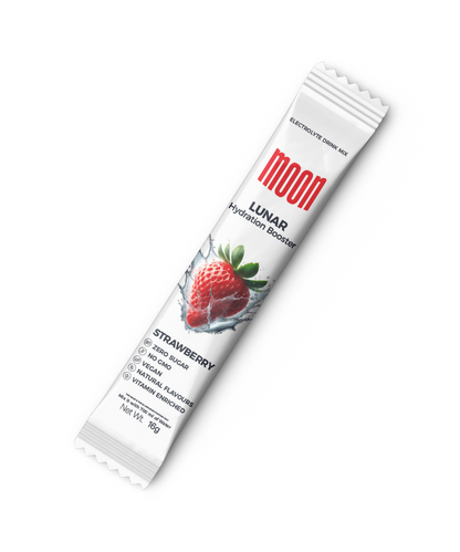 A strawberry-flavored hydration booster with added electrolytes, in a white and red Moon Lunar Hydration Stick packaging, highlighting that it is low-calorie and naturally flavored by MOONFREEZE FOODS PRIVATE LIMITED.