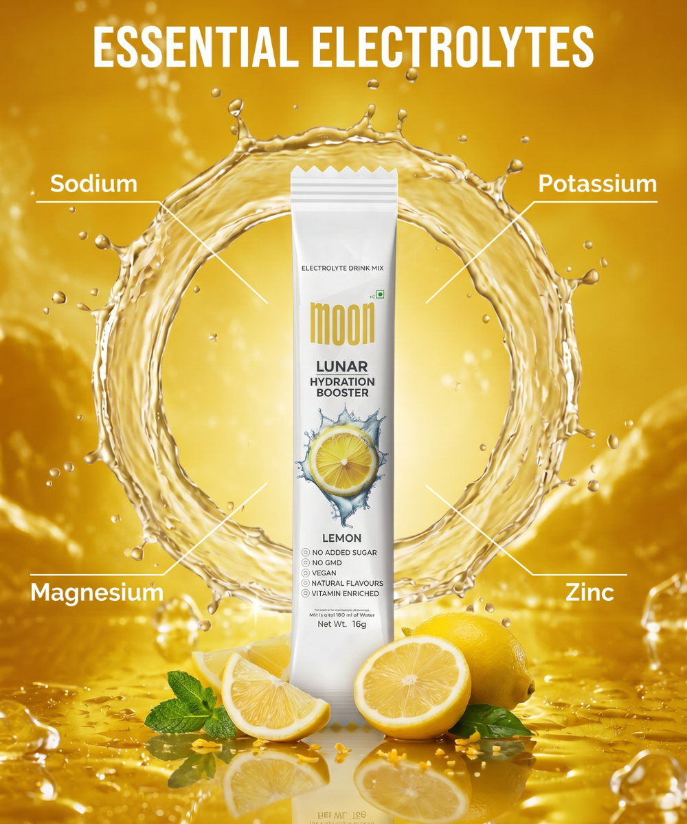 The image shows Lunar Hydration Booster - Lemon Flavour by MOONFREEZE FOODS PRIVATE LIMITED with splashing water, fresh lemons, and mint. Labeled benefits include hydration boost plus sodium, potassium, magnesium, zinc, and B-vitamin complex.