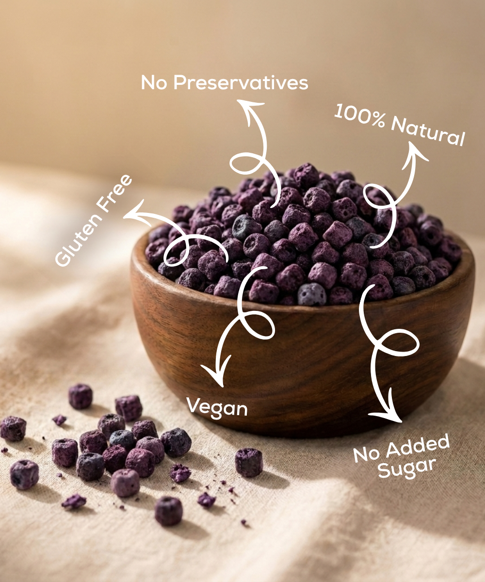 A wooden bowl filled with Themoonstoreindia Moon Freeze Dried Blueberry—antioxidant-rich, 100% natural, gluten-free, vegan, with no preservatives or added sugar.