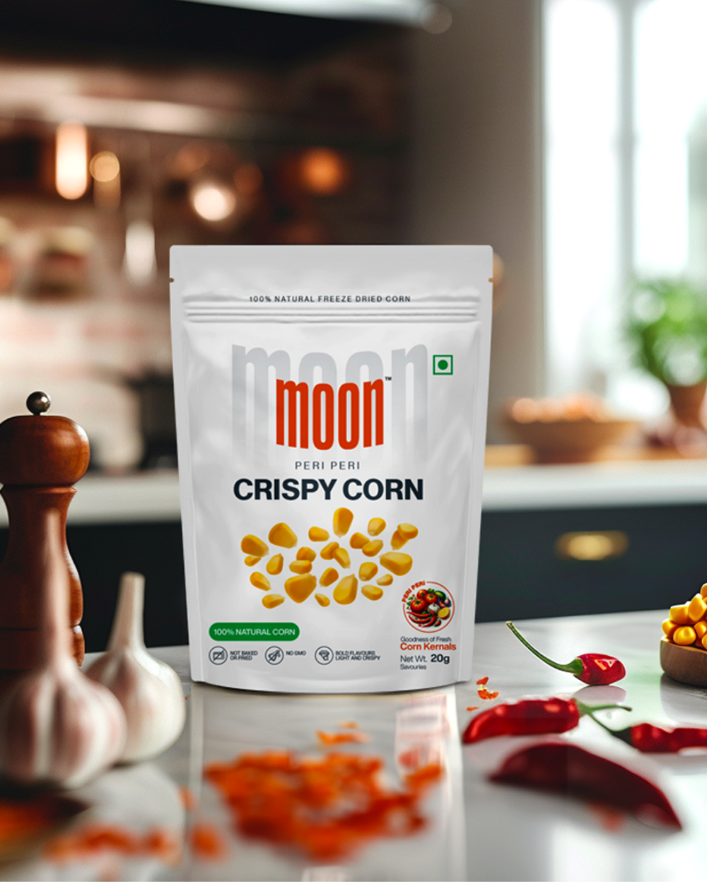 A bag of Freeze Dried Crispy Corn Peri Peri sitting on a kitchen counter. This low calorie snack option by MOONFREEZE FOODS PRIVATE LIMITED offers a delightfully crunchy texture that will keep you satisfied throughout the day.